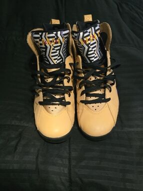 Jordan Men's Tan and Black High-Top Sneakers with Patterned Tongue